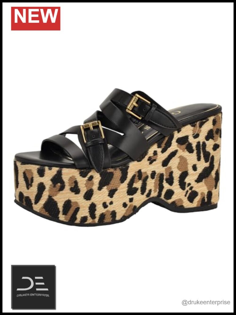 Faux Leather Platform Wedge Sandals Open Toe Slip On Gold Buckle Strappy